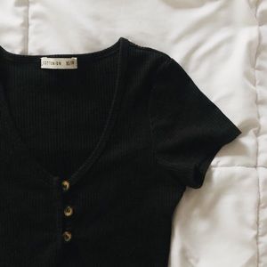 Black Button Front Ribbed Crop Top